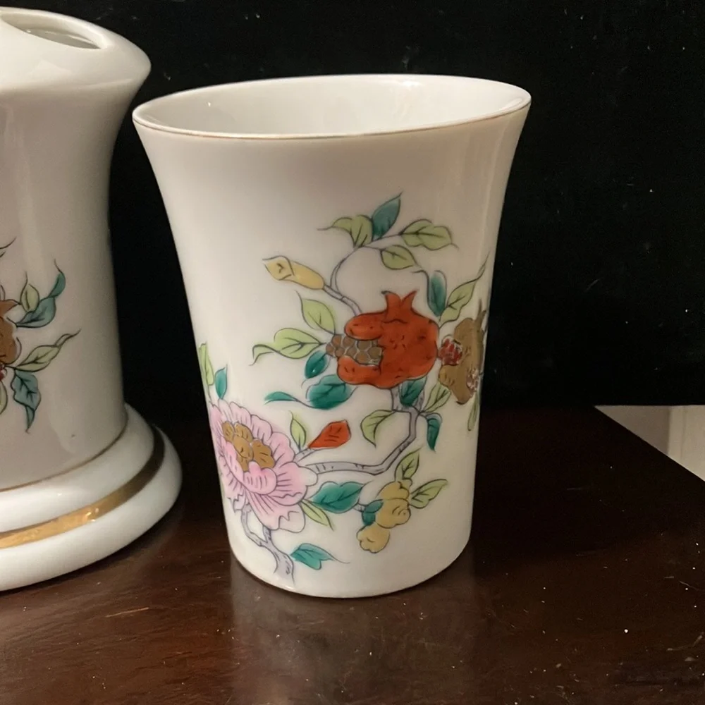 Vintage Porcelain Andrea by Sadek Asian Style Floral Toothbrush Holder & Cup